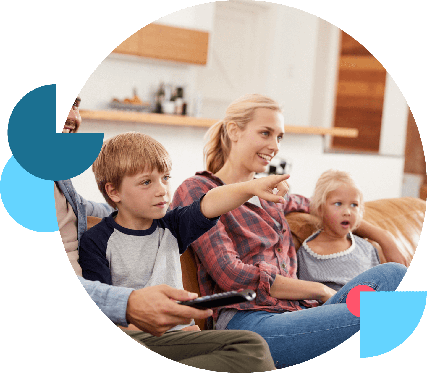 A woman and two children watching TV together.
