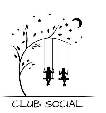 Silhouettes on swings under tree, "Club Social".