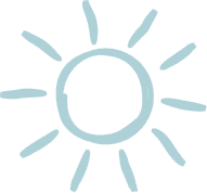 A simple blue drawing of a sun with rays.