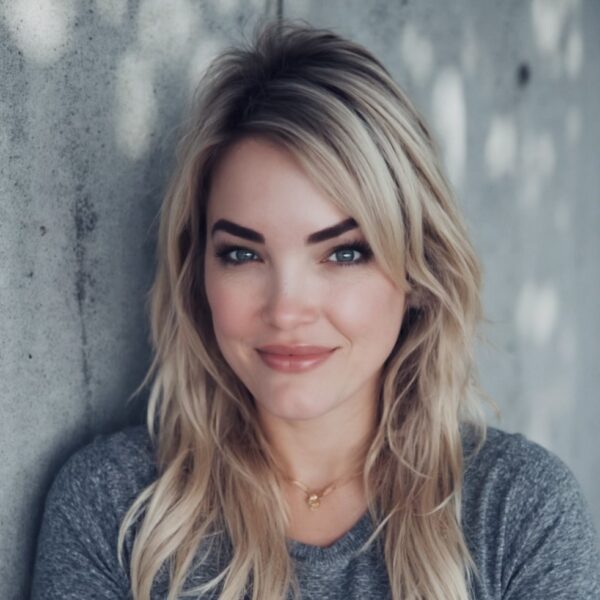 Young woman with blonde hair smiling gently against a concrete wall.